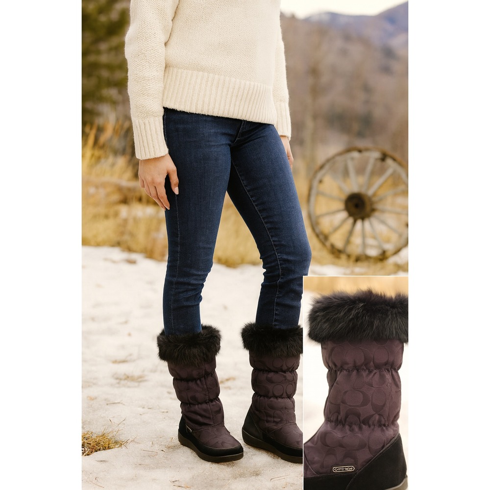 COACH Theona Signature Jacquard Rabbit Fur Winter Boots Goth Old Money Black 6B - Picture 2 of 13
